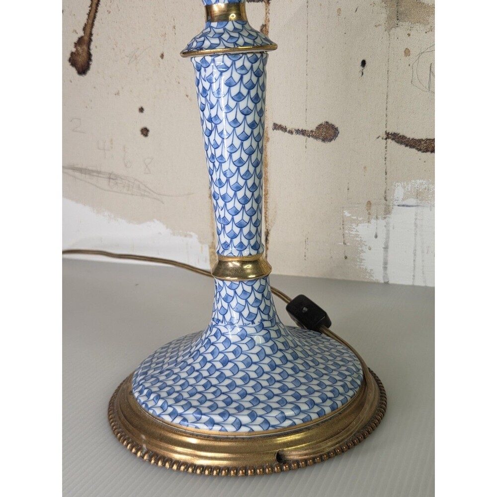 Frederick Cooper Brass & Porcelain Fish Scale Candlestick Table Lamp Blue White
